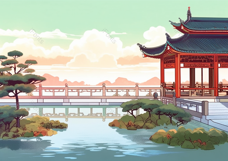 屋顶国风亭子国湖桥灌木丛水面平静倒影蓝色天空背景,插画/手绘图,插画/手绘图库,插画/手绘图下载,插画/手绘